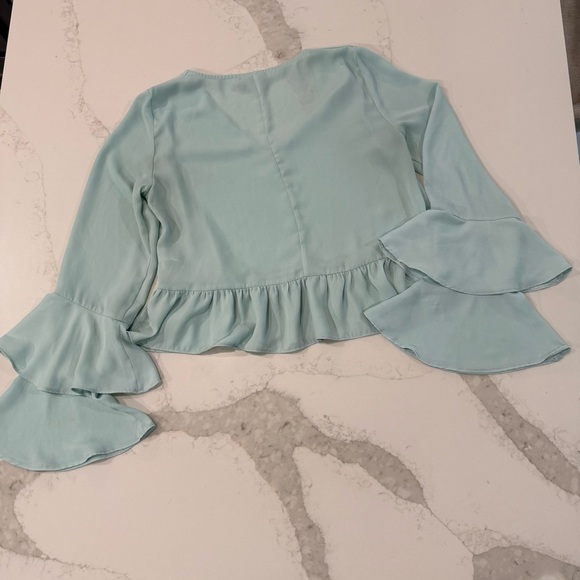 ASOS Elegant Long Ruffle Sleeve V-Neck Blouse Womens 4 Light Minty Blue Romantic - Picture 5 of 6
